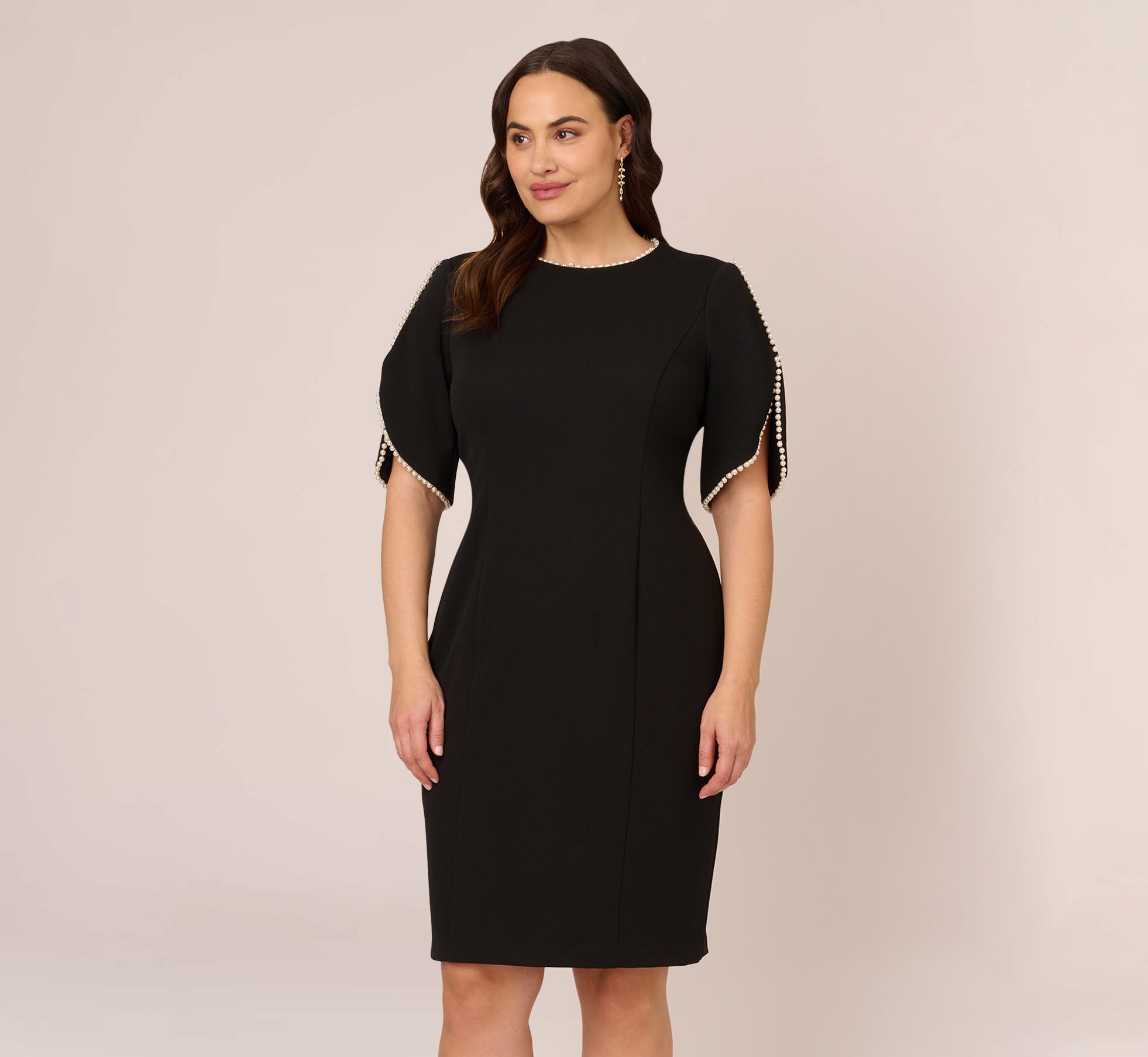 Plus Size Crepe Midi Length Sheath Dress With Pearly Trim In Black
