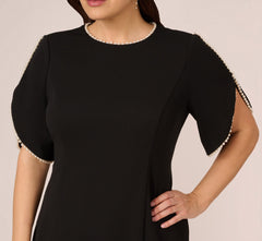 Plus Size Crepe Midi Length Sheath Dress With Pearly Trim In Black