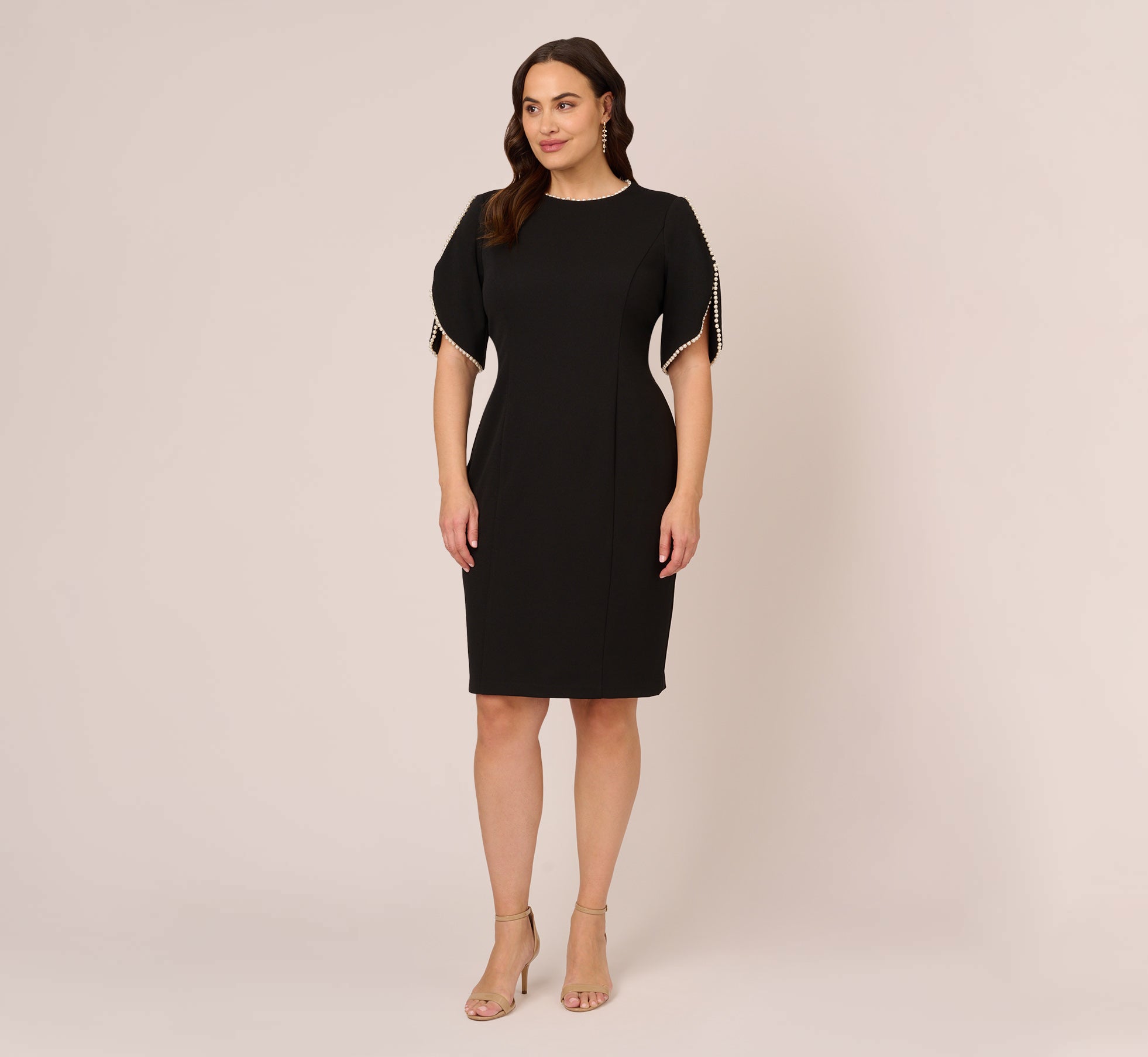 Plus Size Crepe Midi Length Sheath Dress With Pearly Trim In Black