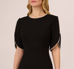 Crepe Midi Length Sheath Dress With Pearly Trim In Black
