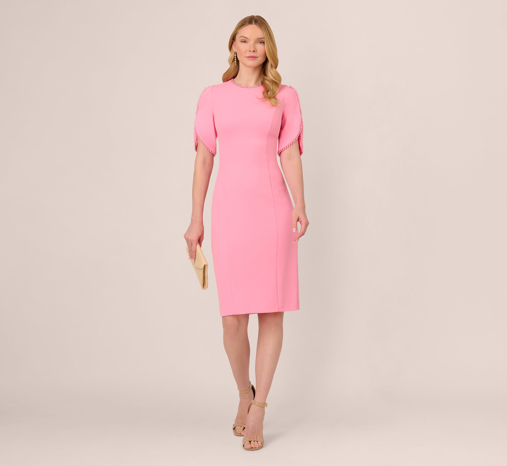 Crepe Midi Length Sheath Dress With Pearl Trimmed Sleeves In Cherry Blossom