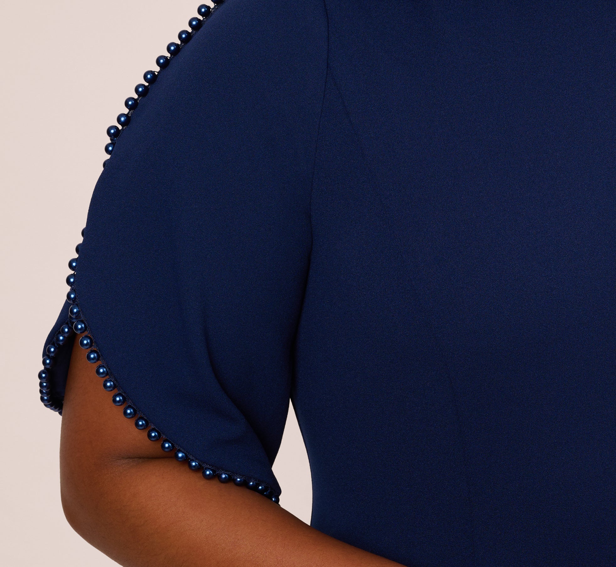 Plus Size Crepe Midi Length Sheath Dress With Pearl Trimmed Sleeves In Navy Sateen