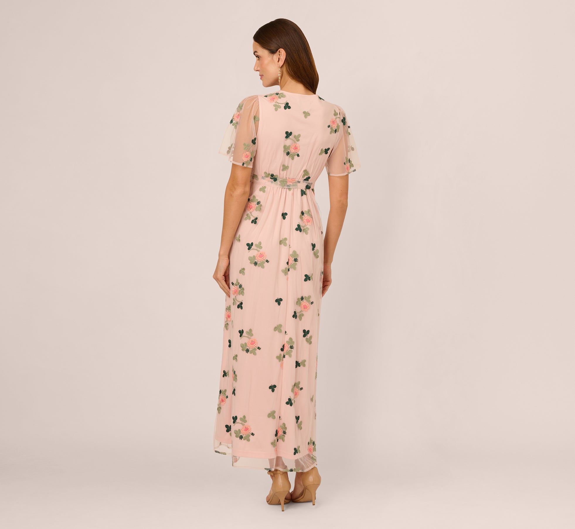 Floral Embroidered Maxi Dress With Sheer Flutter Sleeves In Blush Multi