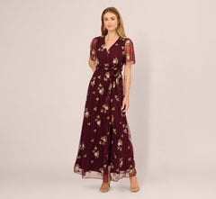Floral Embroidered Maxi Dress With Sheer Flutter Sleeves In Burgundy Multi