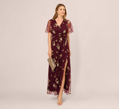 Floral Embroidered Maxi Dress With Sheer Flutter Sleeves In Burgundy Multi
