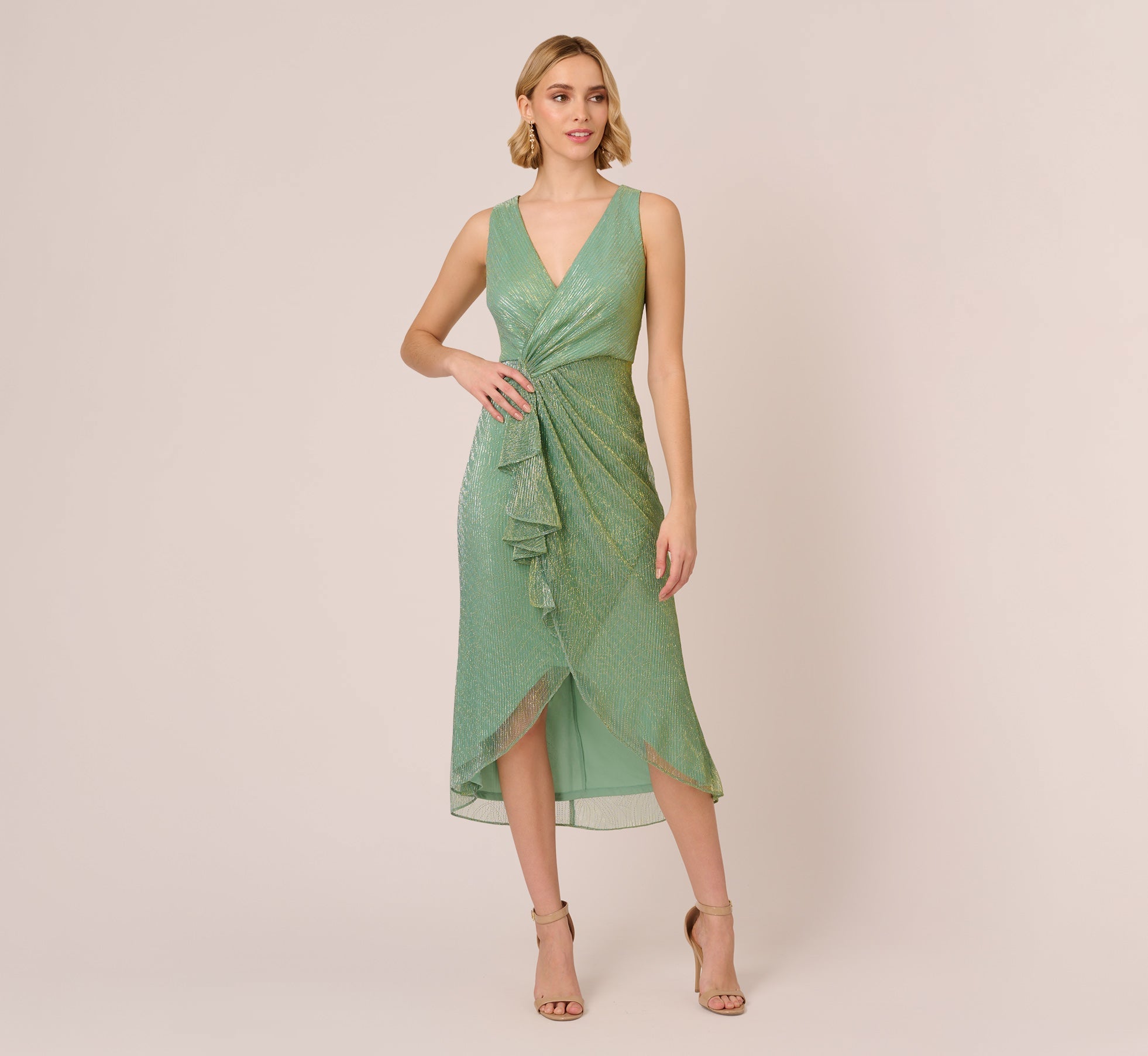 Crinkle Metallic Faux Wrap Dress With Draped Detail In Green Slate