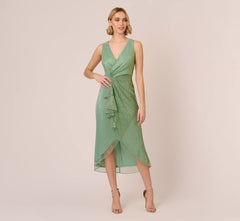 Crinkle Metallic Faux Wrap Dress With Draped Detail In Green Slate