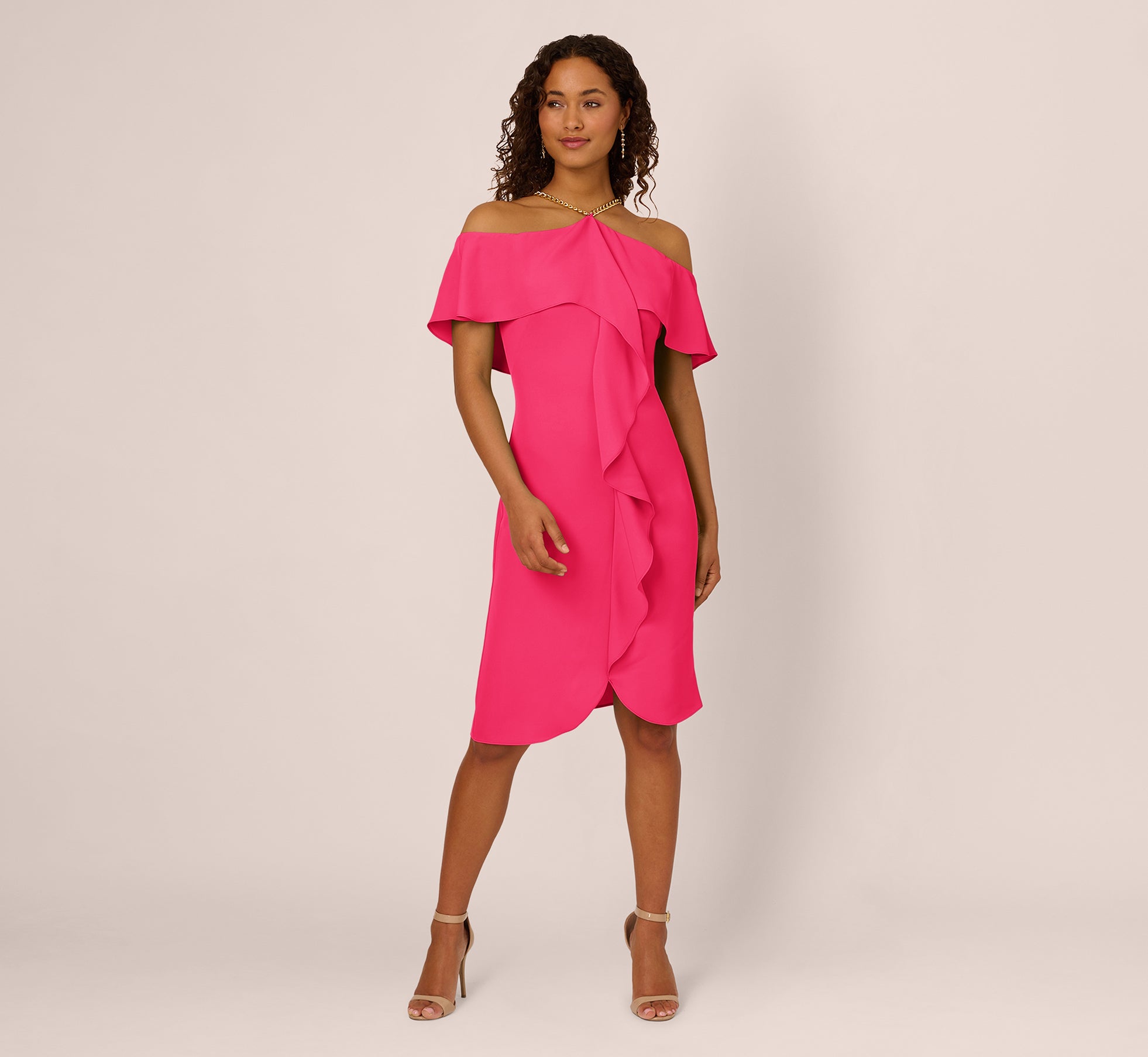 Ruffle Popover Midi Dress With Chain Halter Neckline In Electric Pink