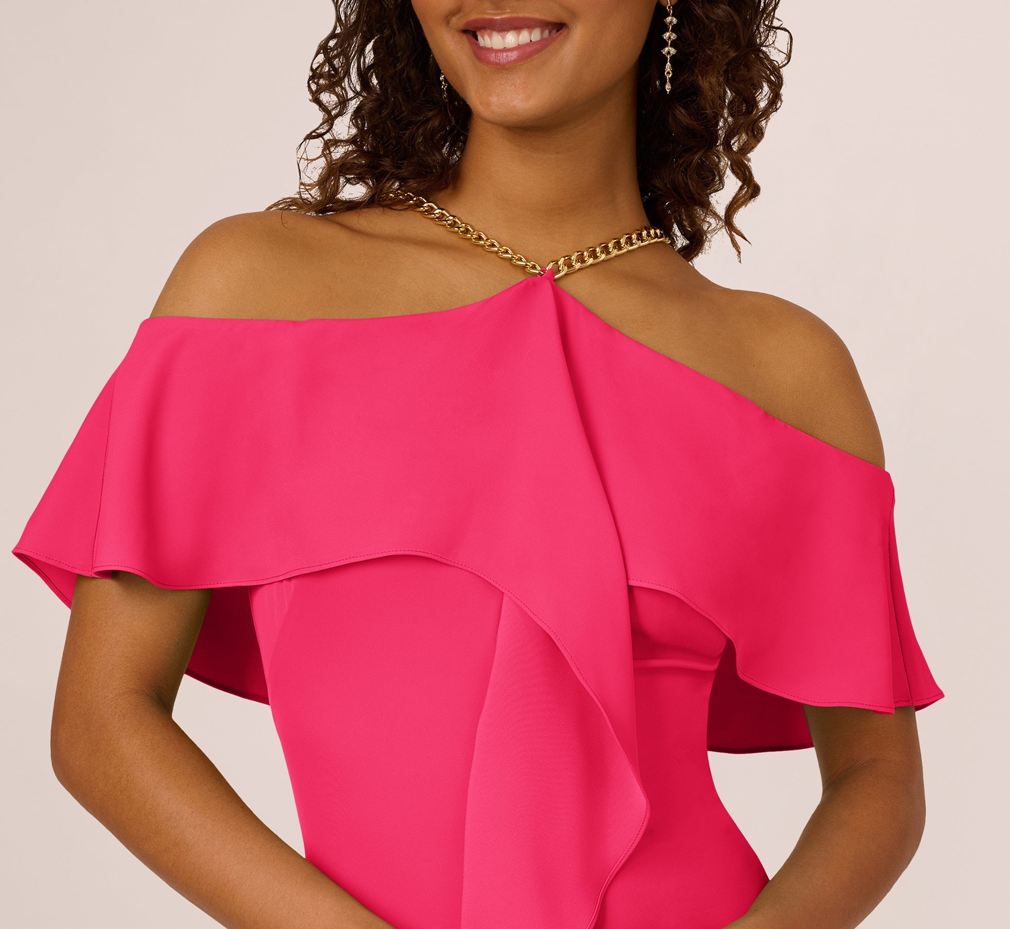 Ruffle Popover Midi Dress With Chain Halter Neckline In Electric Pink