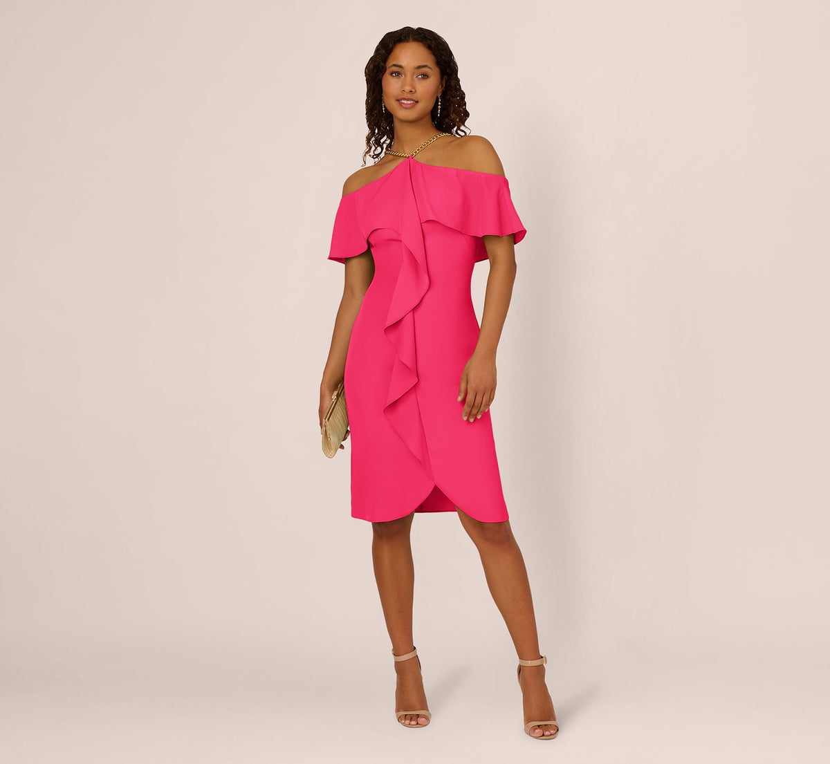 Ruffle Popover Midi Dress With Chain Halter Neckline In Electric Pink