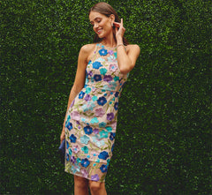 Multicolor Floral Embroidered Halter Midi Dress In Blue Multi