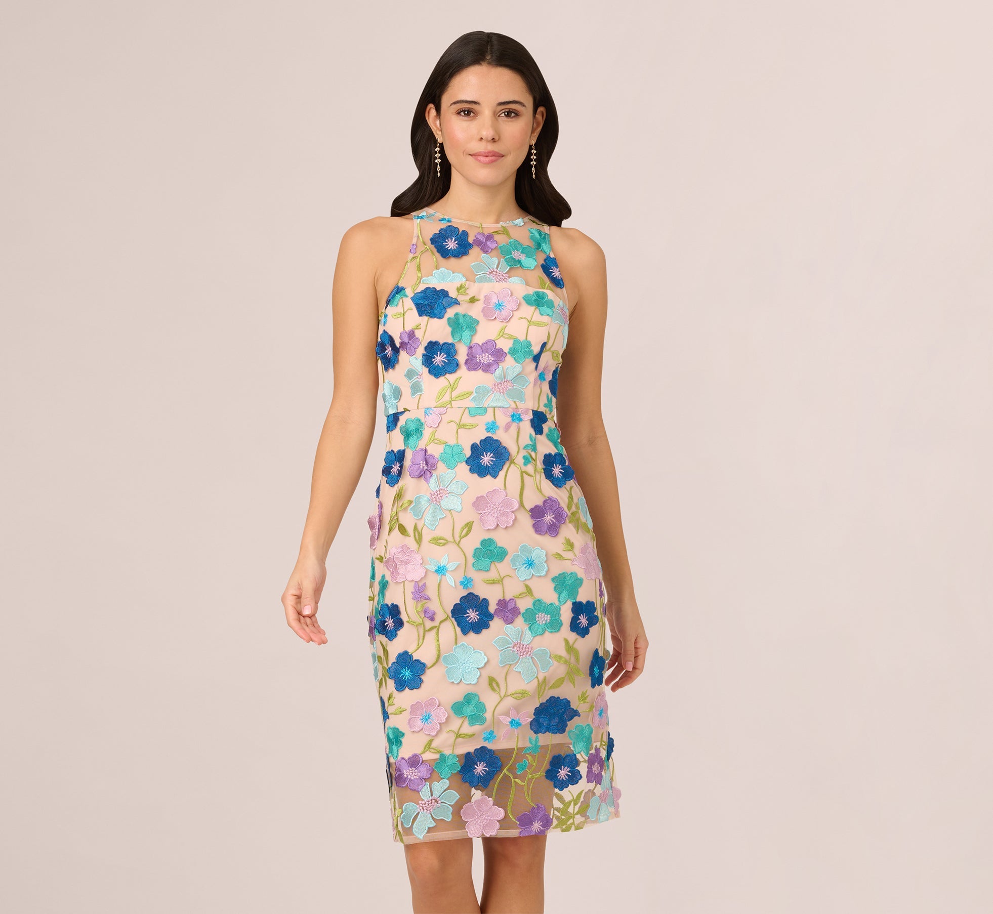 Multicolor Floral Embroidered Halter Midi Dress In Blue Multi