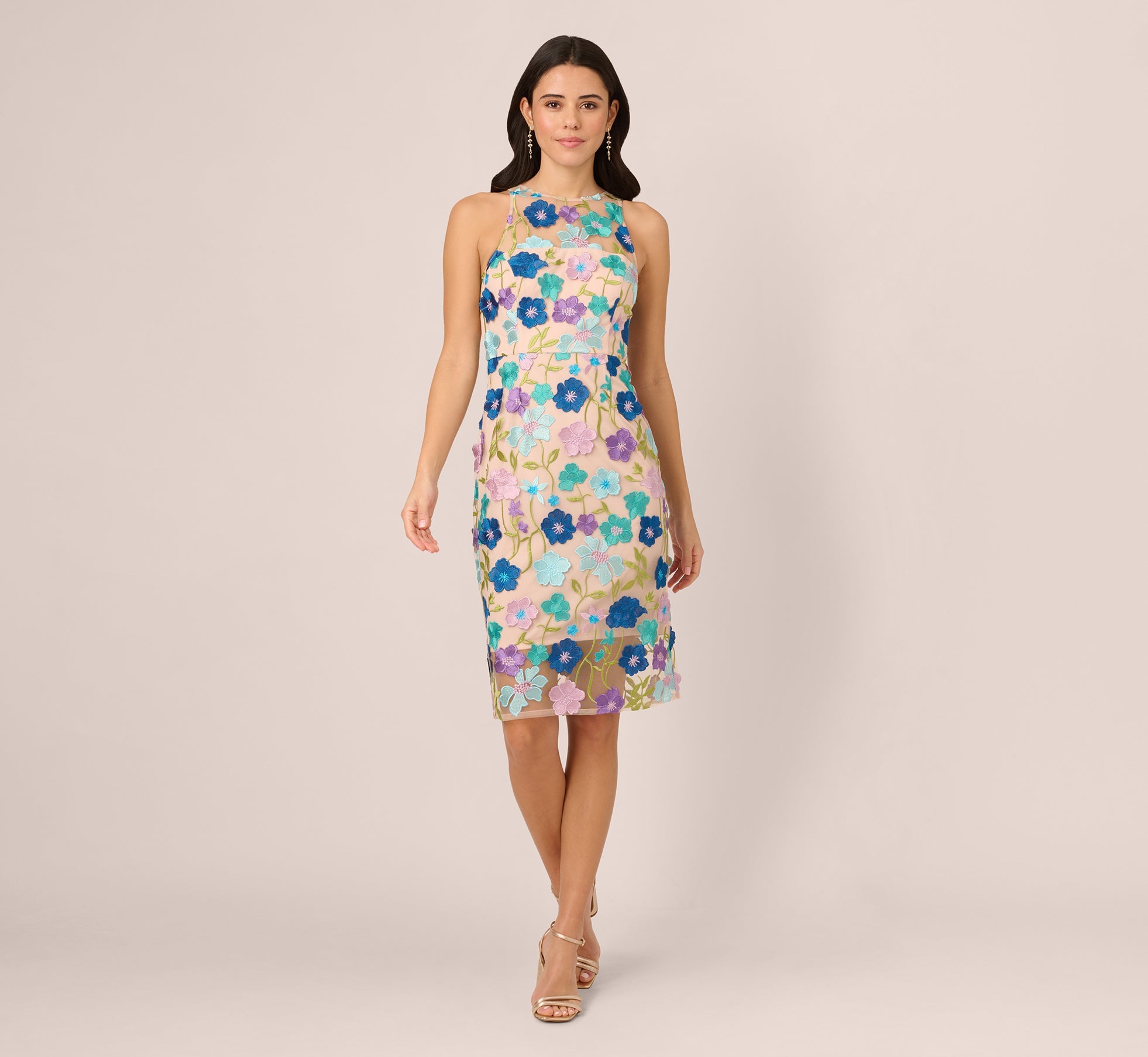 Multicolor Floral Embroidered Halter Midi Dress In Blue Multi