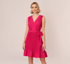 Sleeveless Pleated Dress With Self Tie Waist In Hot Pink