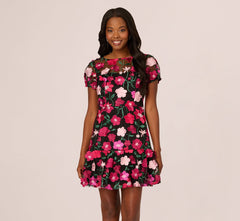 Floral Embroidered Flounce Dress With Sheer Short Sleeves In Black Berry