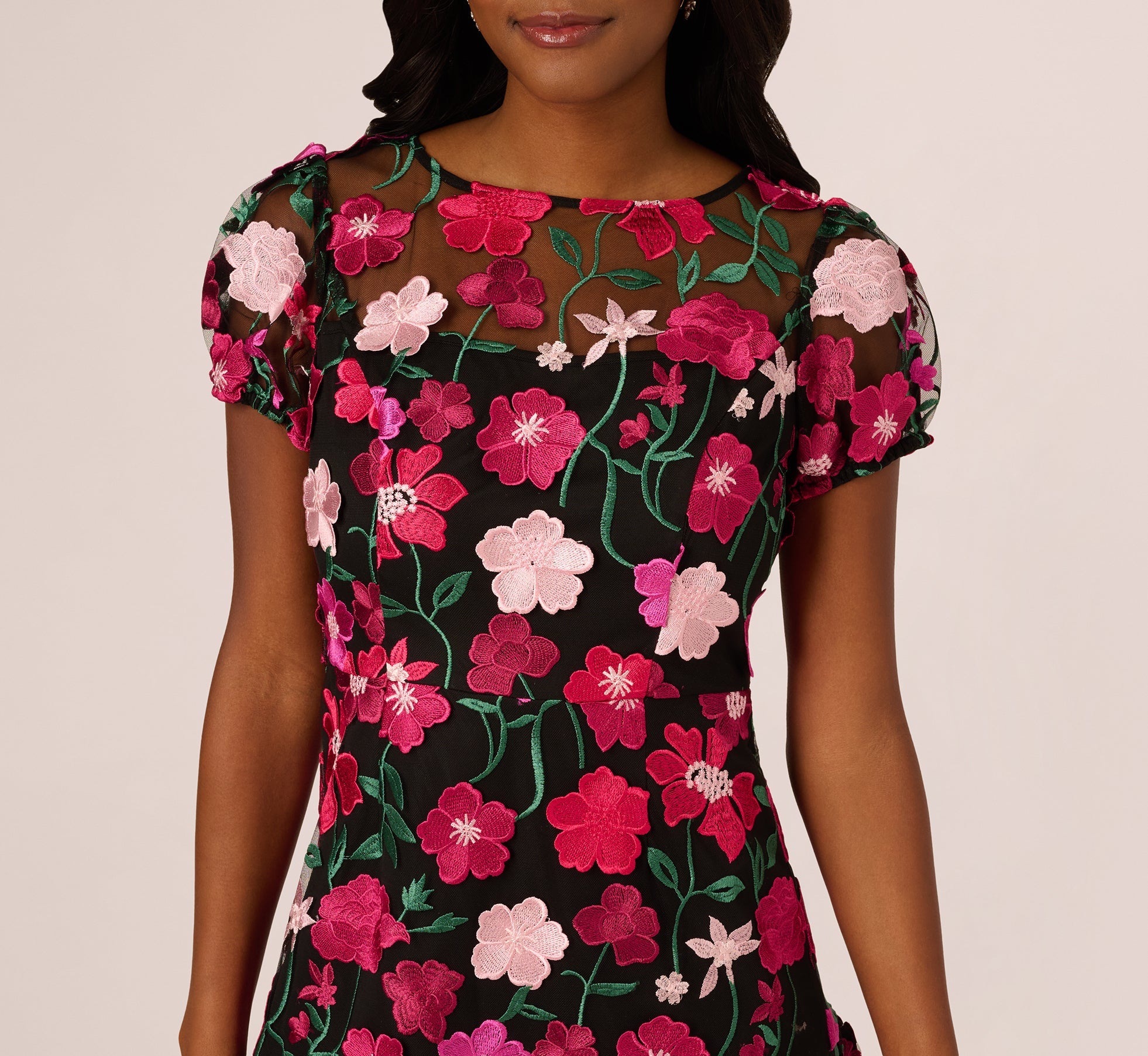 Floral Embroidered Flounce Dress With Sheer Short Sleeves In Black Berry