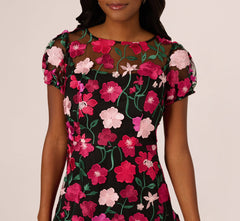 Floral Embroidered Flounce Dress With Sheer Short Sleeves In Black Berry