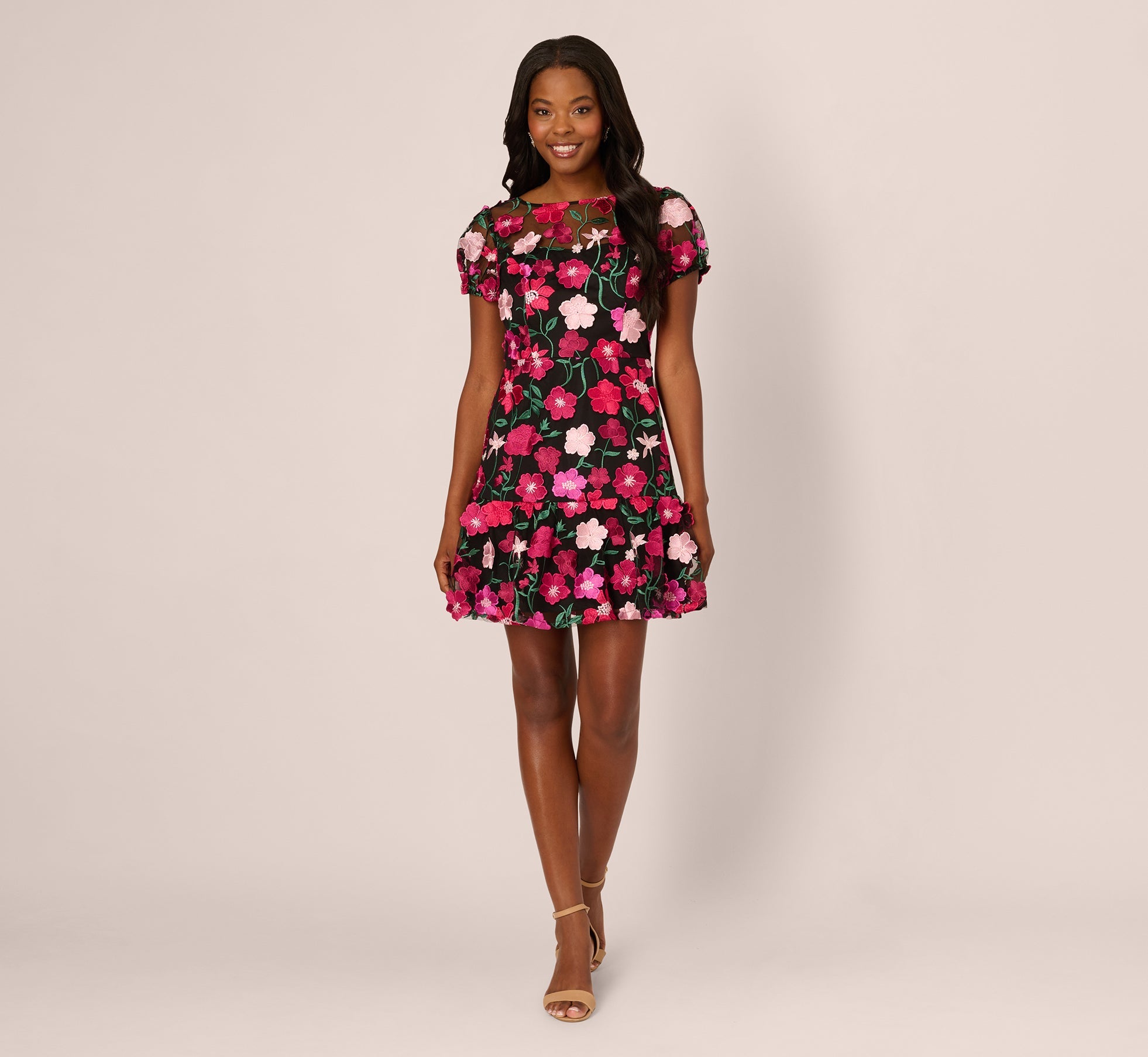 Floral Embroidered Flounce Dress With Sheer Short Sleeves In Black Berry
