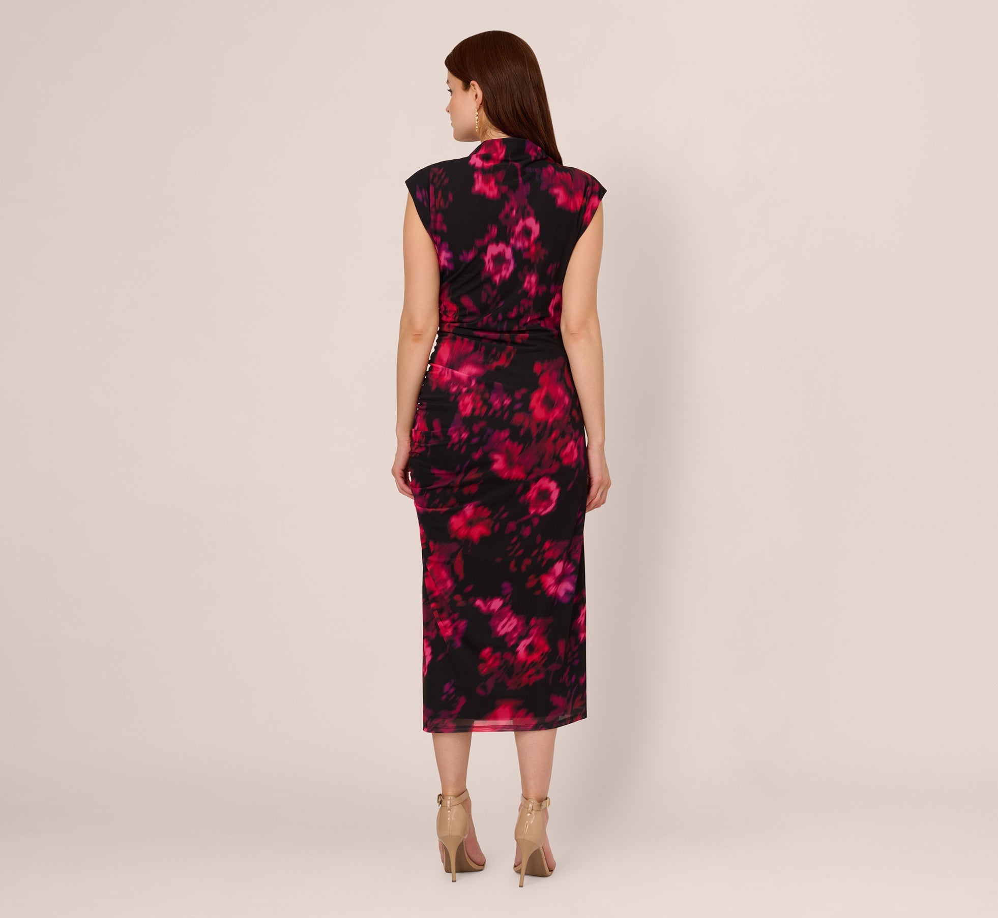 Floral Print Jersey Ankle Length Dress With Draped Details In Black Pink Multi