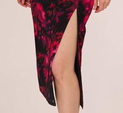 Floral Print Jersey Ankle Length Dress With Draped Details In Black Pink Multi
