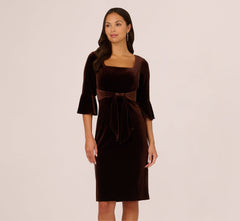 Velvet Tie Front Sheath Dress With Bell Sleeves In Dark Brown