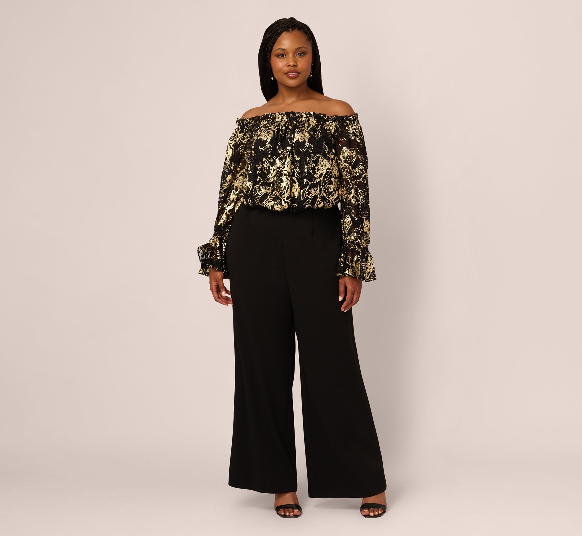 Plus Size Lace And Crepe Jumpsuit In Black Gold