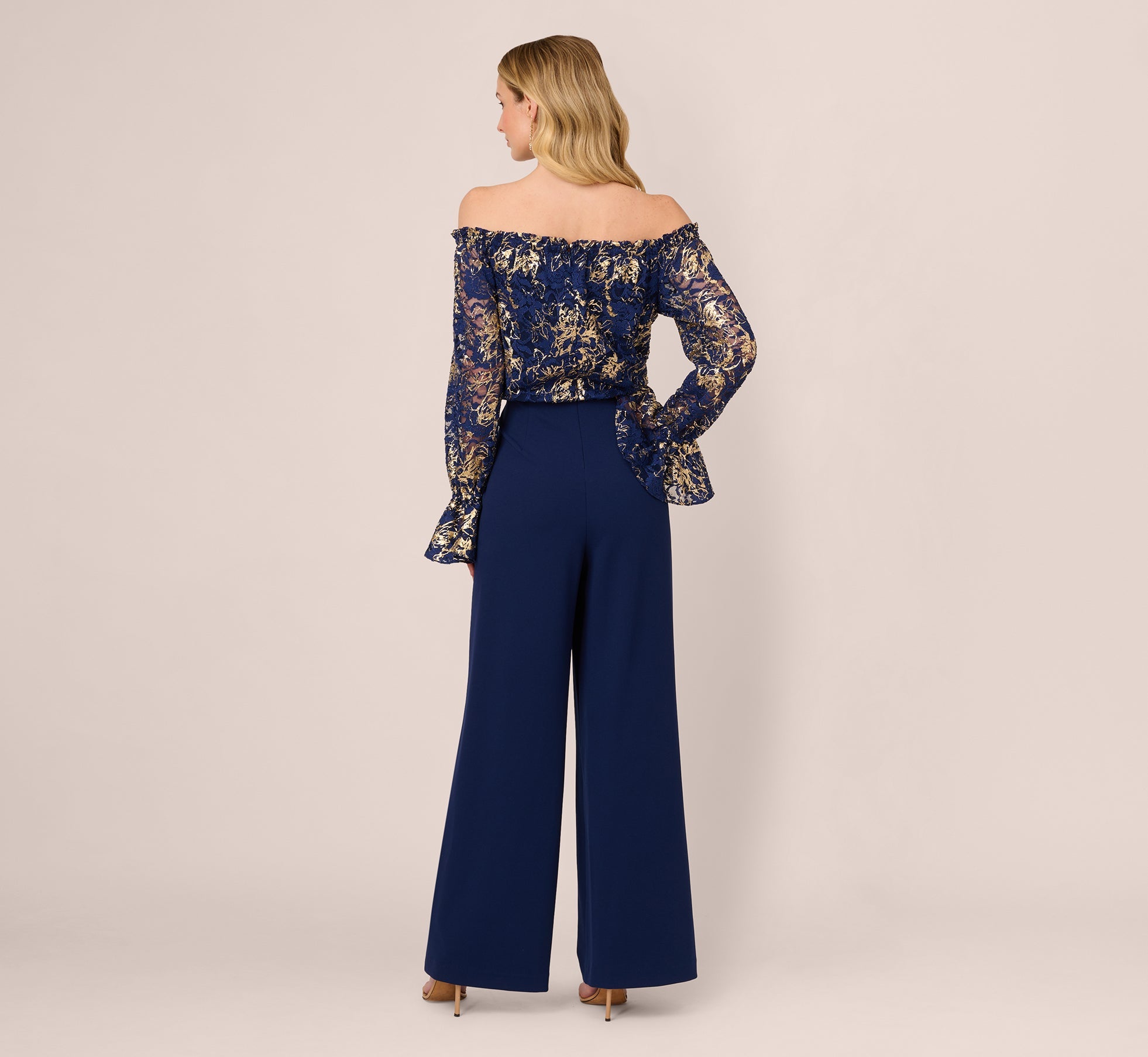 Lace And Crepe Jumpsuit In Navy Gold