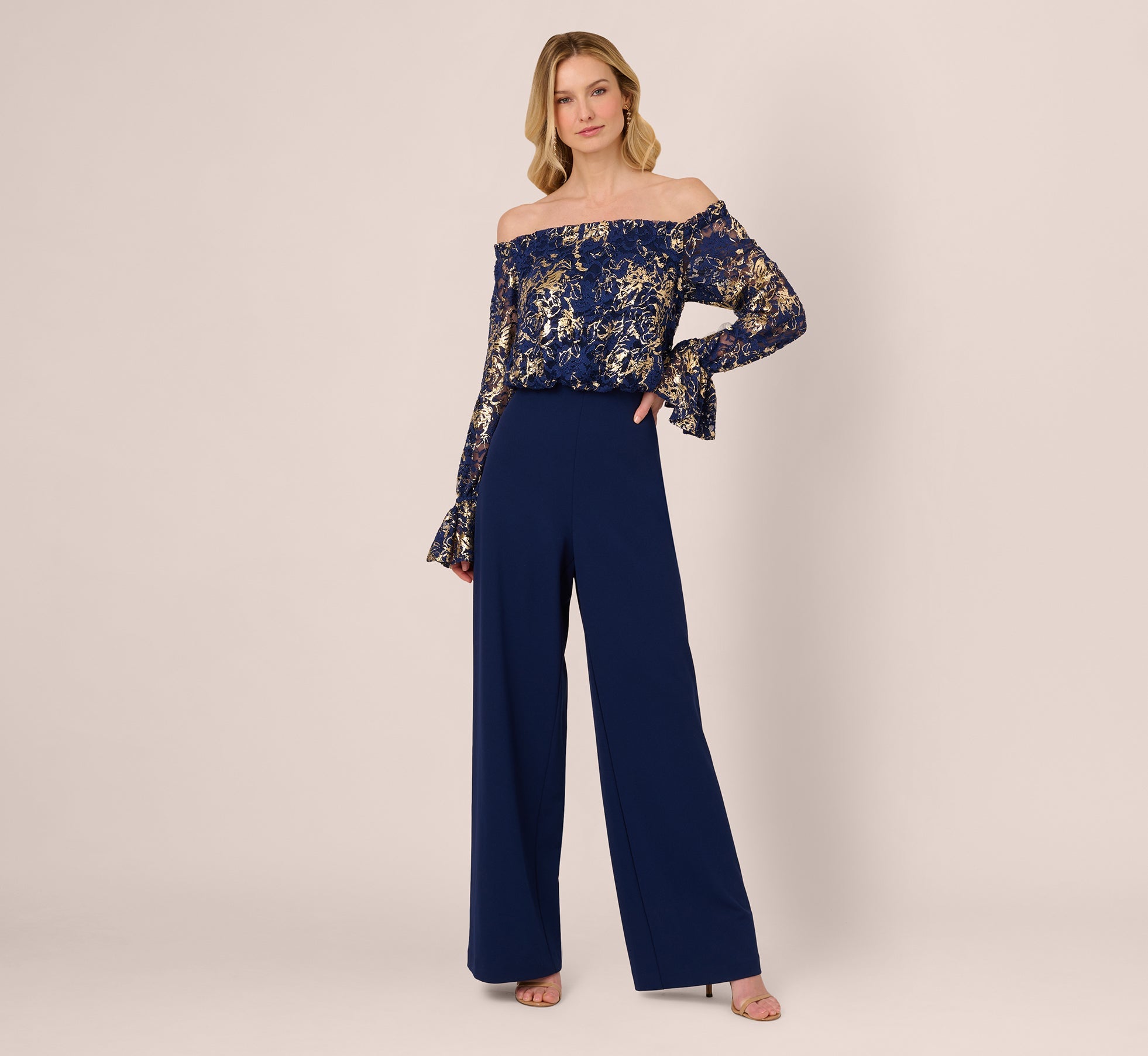 Lace And Crepe Jumpsuit In Navy Gold