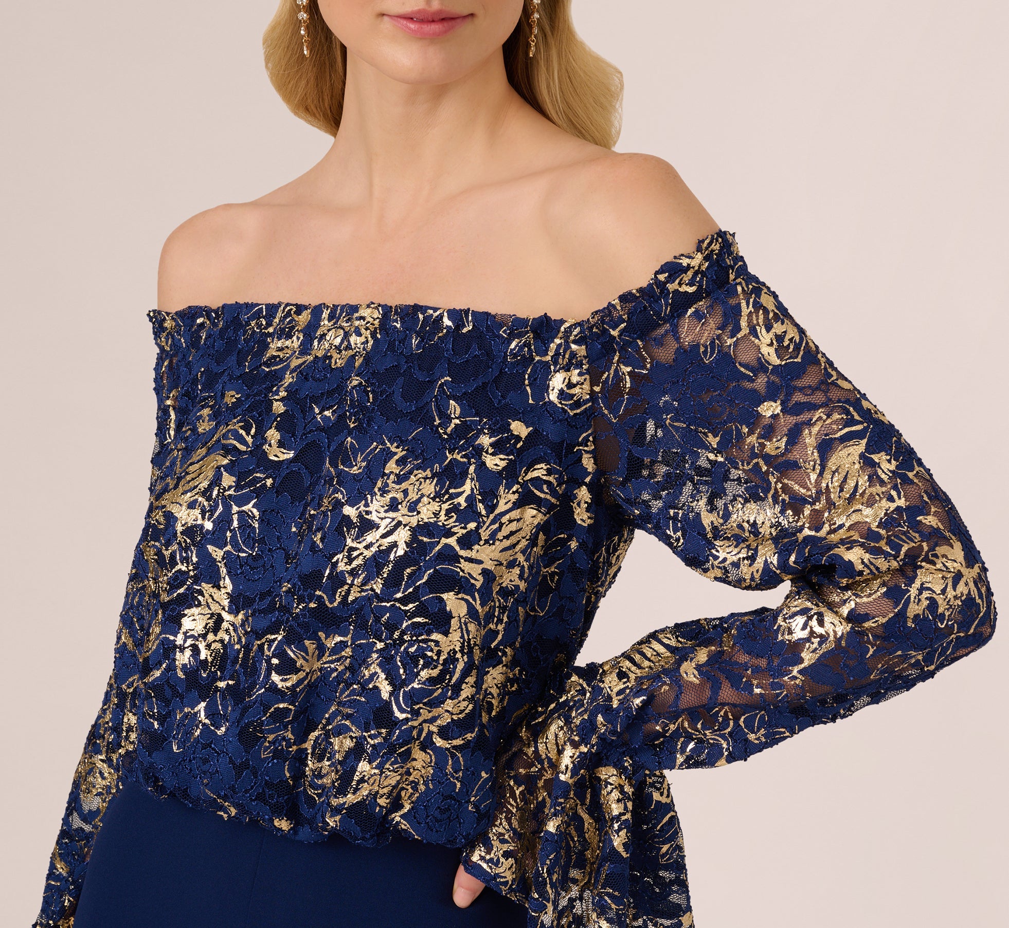 Lace And Crepe Jumpsuit In Navy Gold