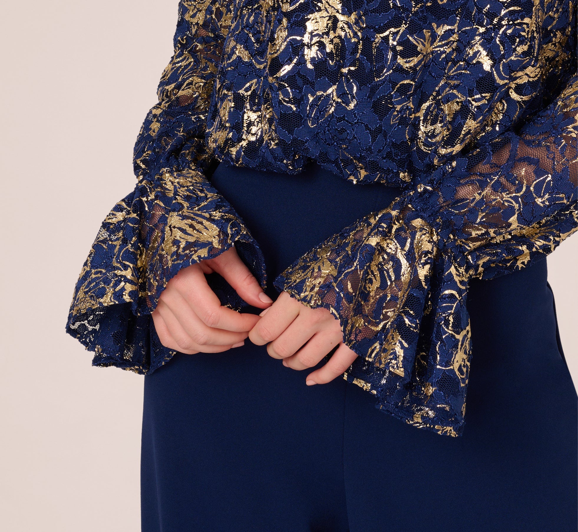 Lace And Crepe Jumpsuit In Navy Gold