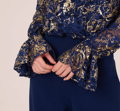 Lace And Crepe Jumpsuit In Navy Gold