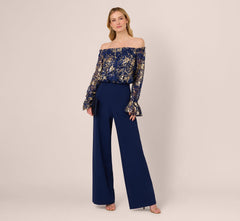 Lace And Crepe Jumpsuit In Navy Gold