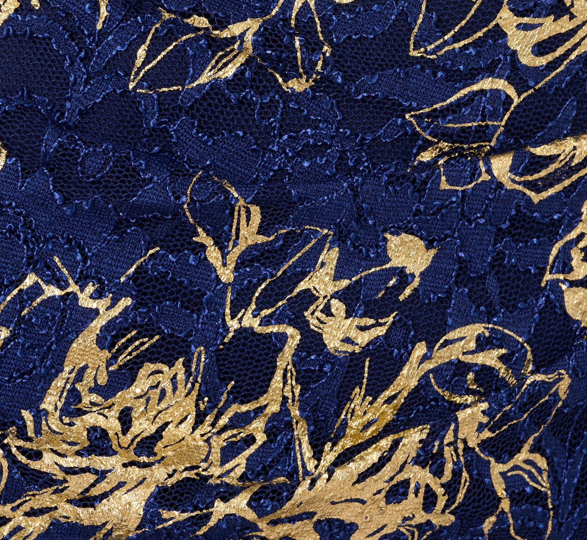 Cap Sleeve Foil Lace Sheath Dress In Navy Gold