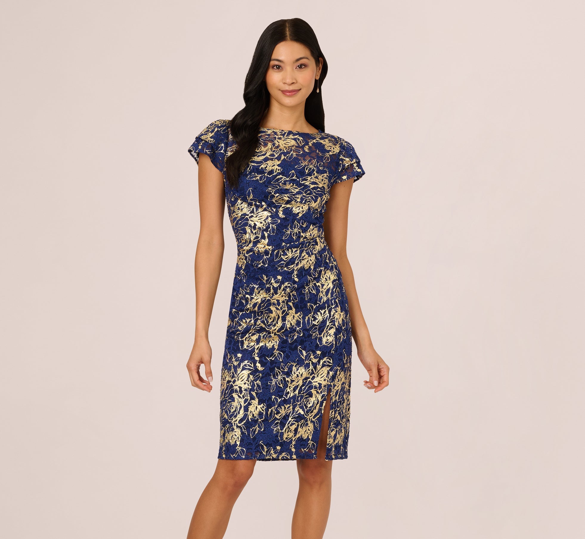 Cap Sleeve Foil Lace Sheath Dress In Navy Gold