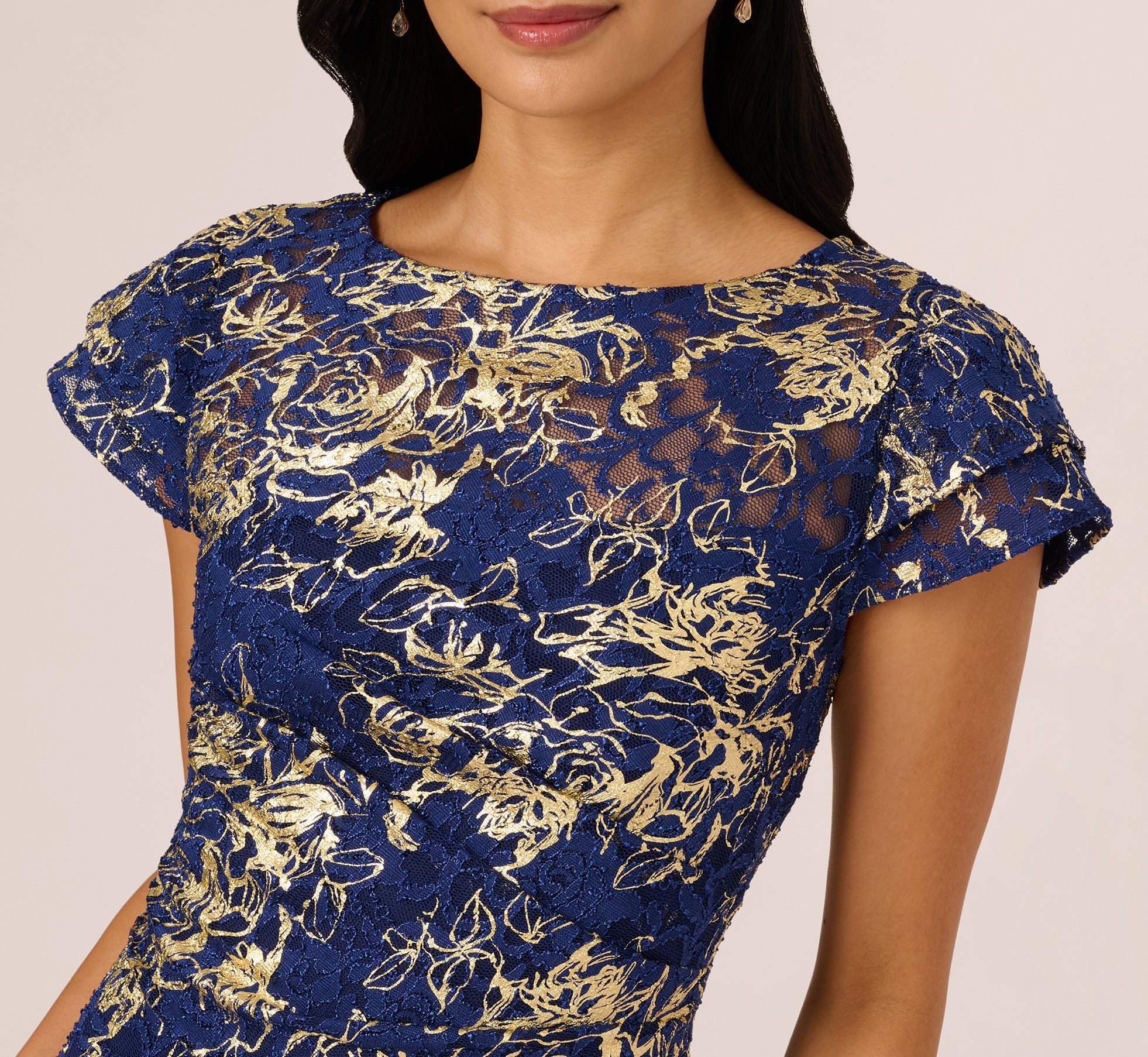 Cap Sleeve Foil Lace Sheath Dress In Navy Gold