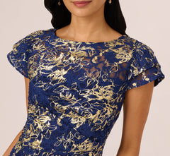 Cap Sleeve Foil Lace Sheath Dress In Navy Gold