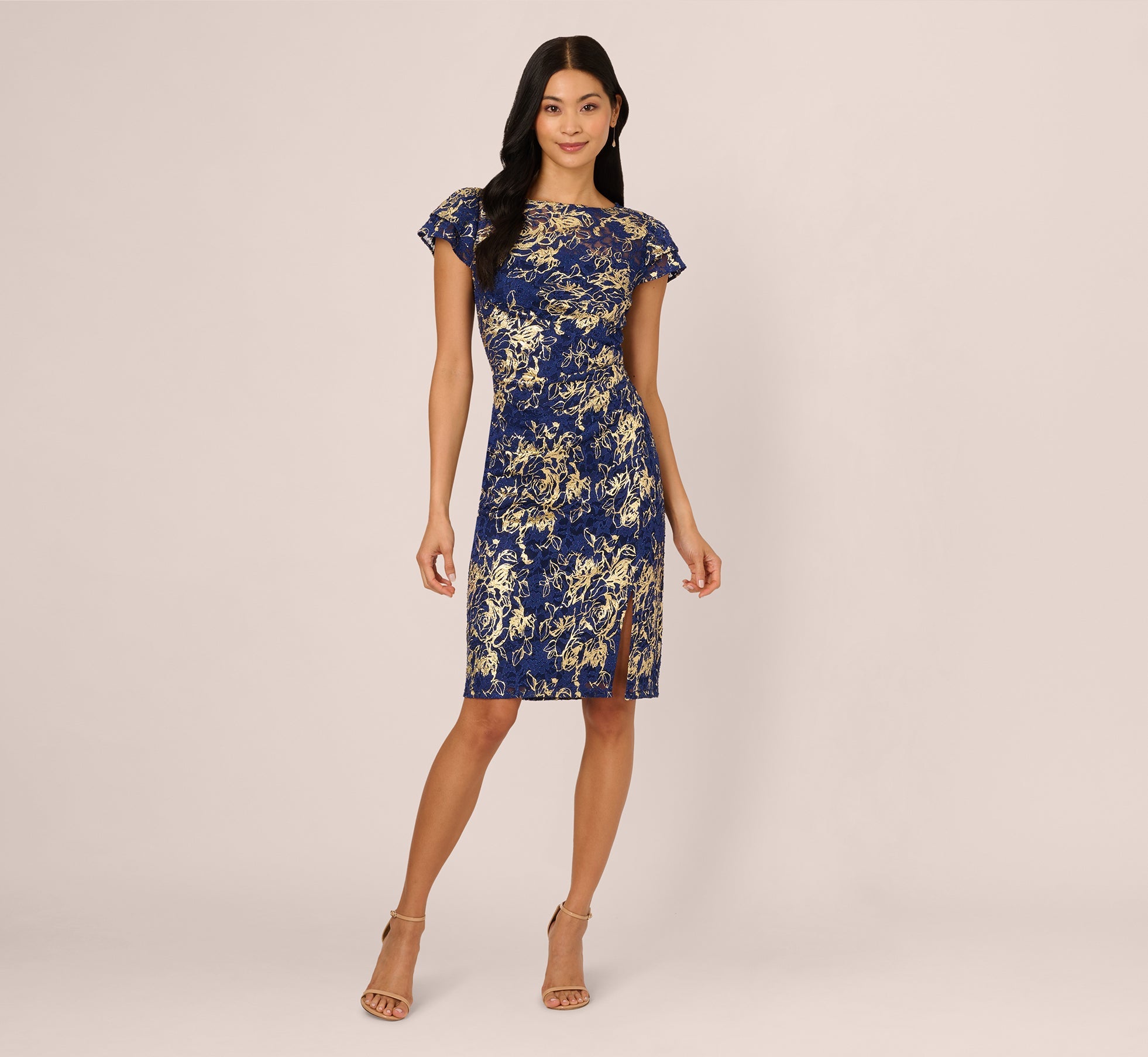 Cap Sleeve Foil Lace Sheath Dress In Navy Gold