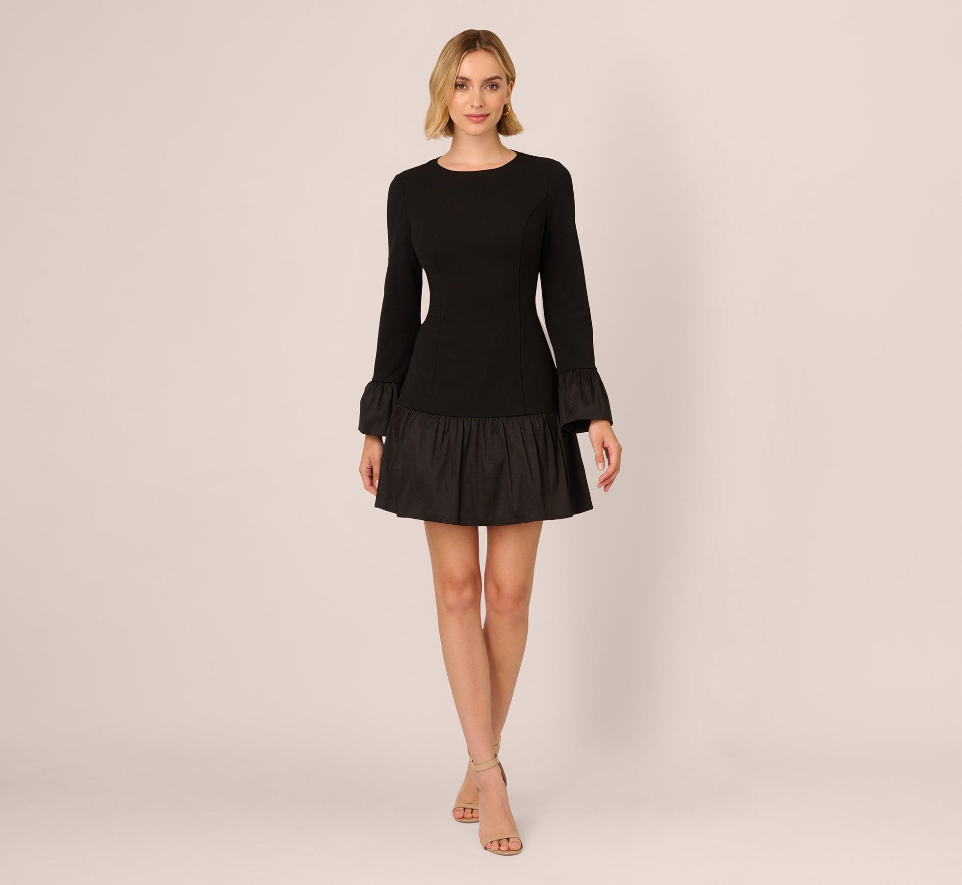 Crepe And Taffeta Drop Waist Short Dress In Black