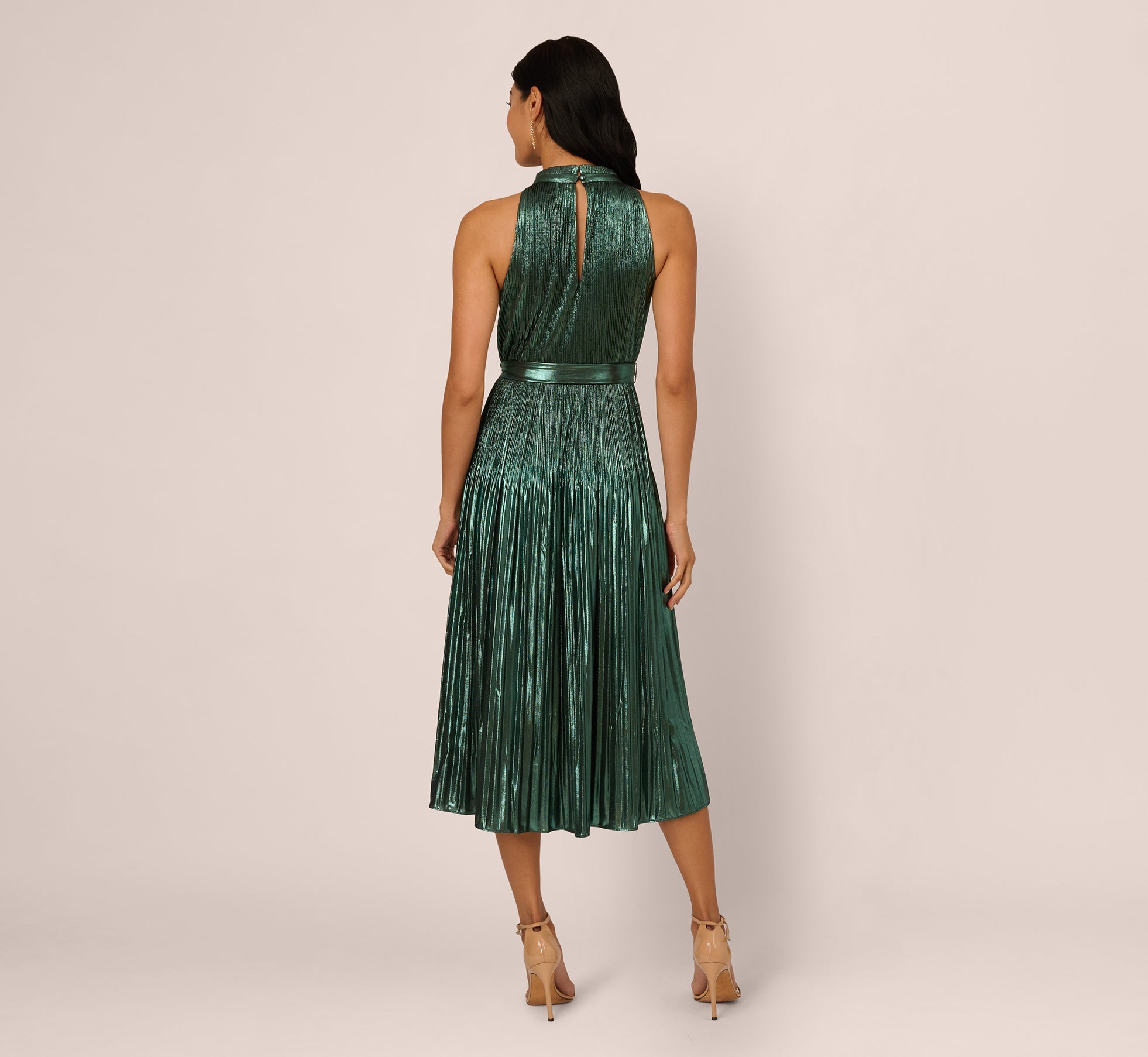 Halter Pleated Metallic Dress In Green Black