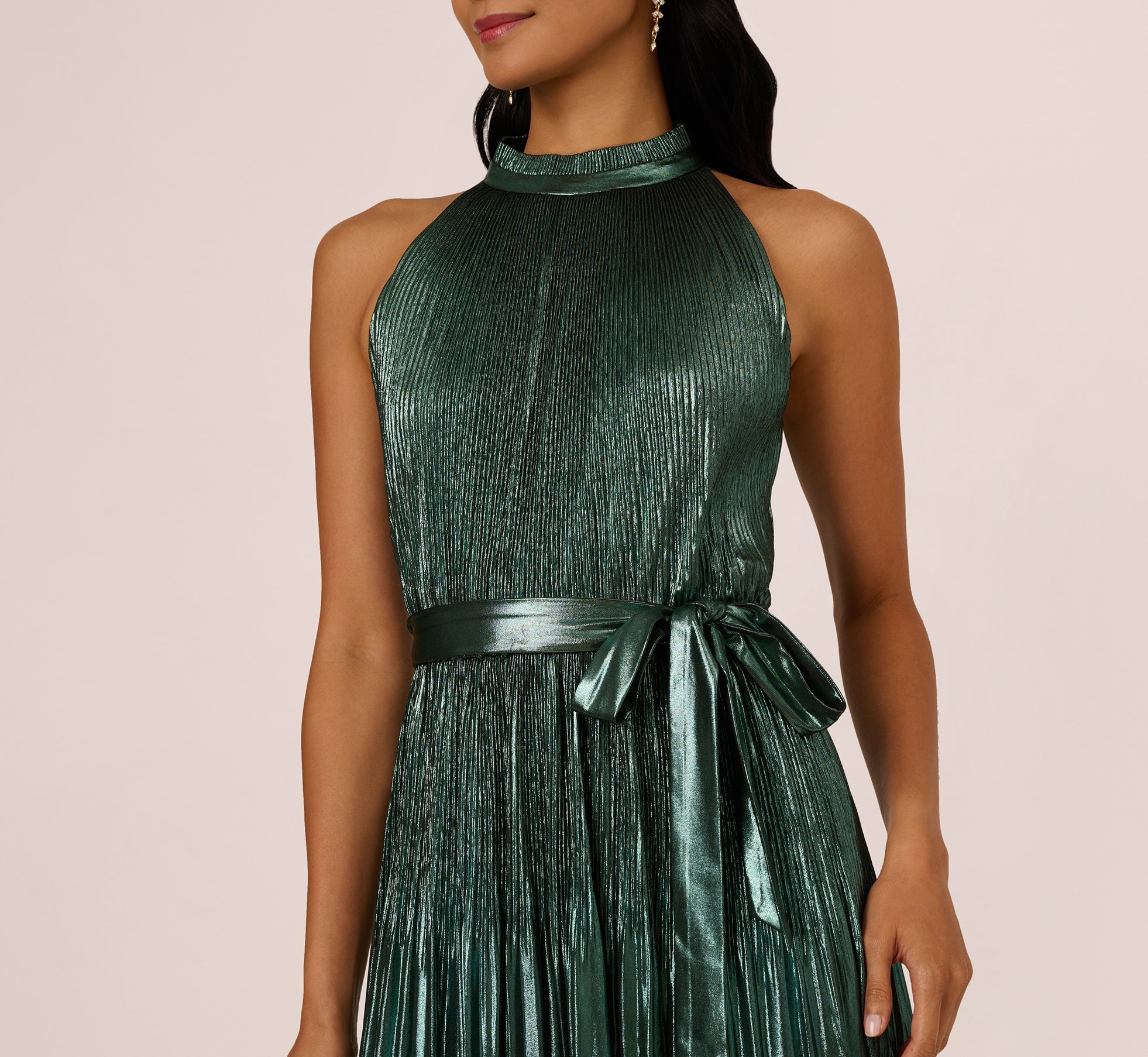Halter Pleated Metallic Dress In Green Black