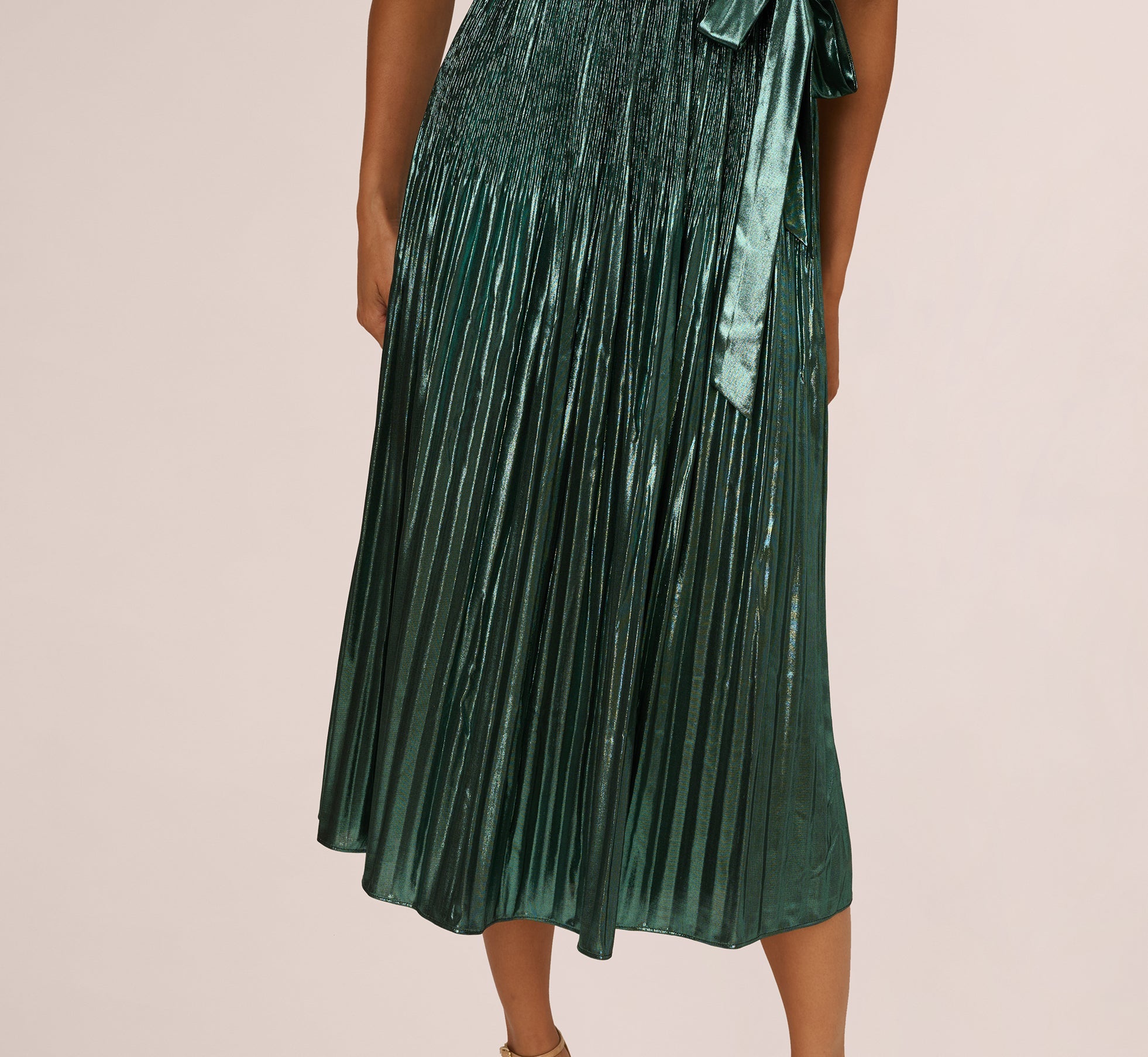 Halter Pleated Metallic Dress In Green Black