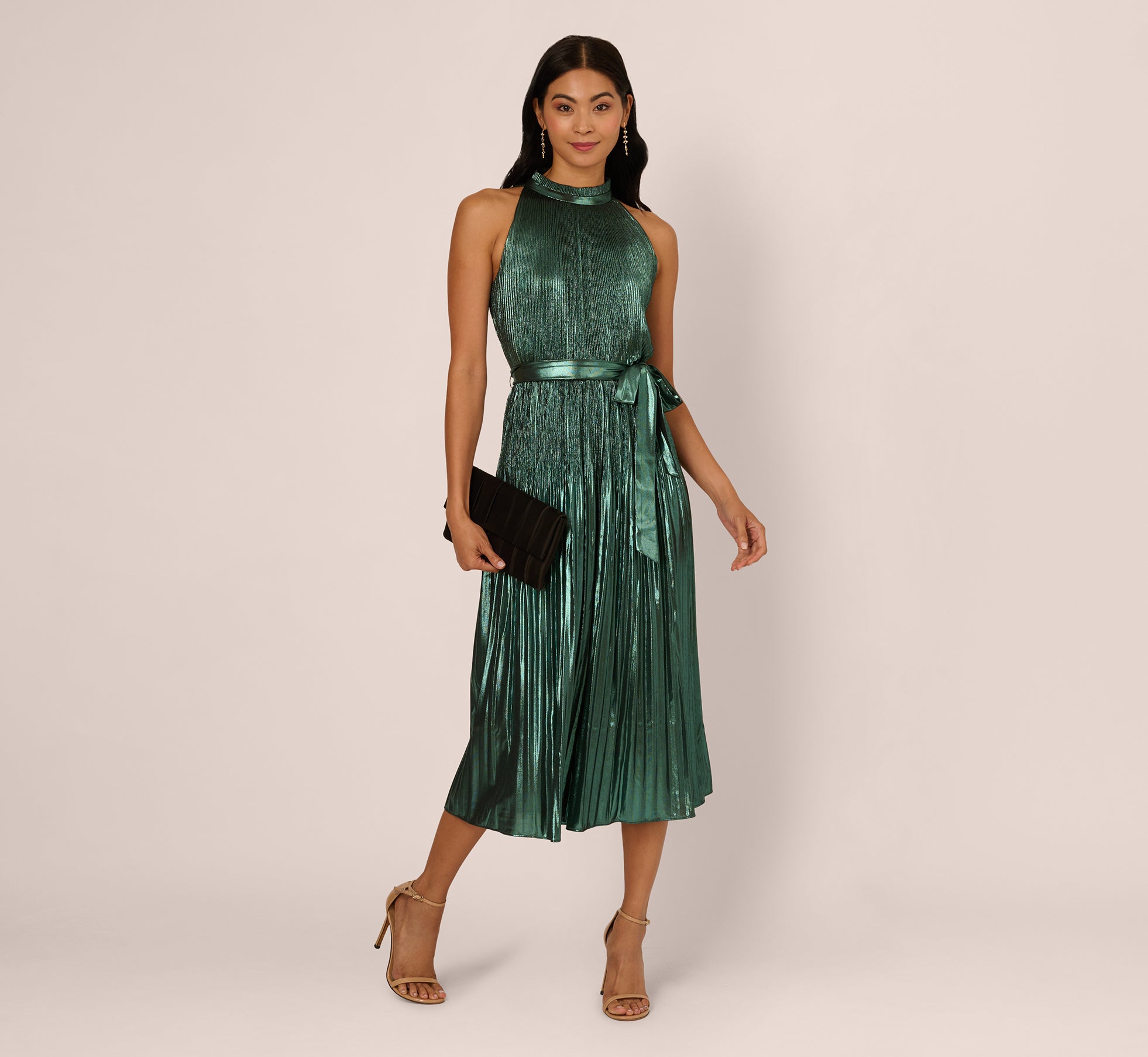 Halter Pleated Metallic Dress In Green Black
