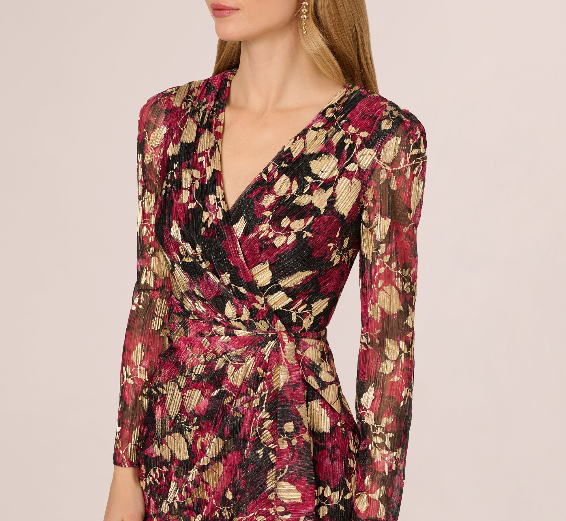 Crinkle Foil Wrap Dress In Fuchsia Gold
