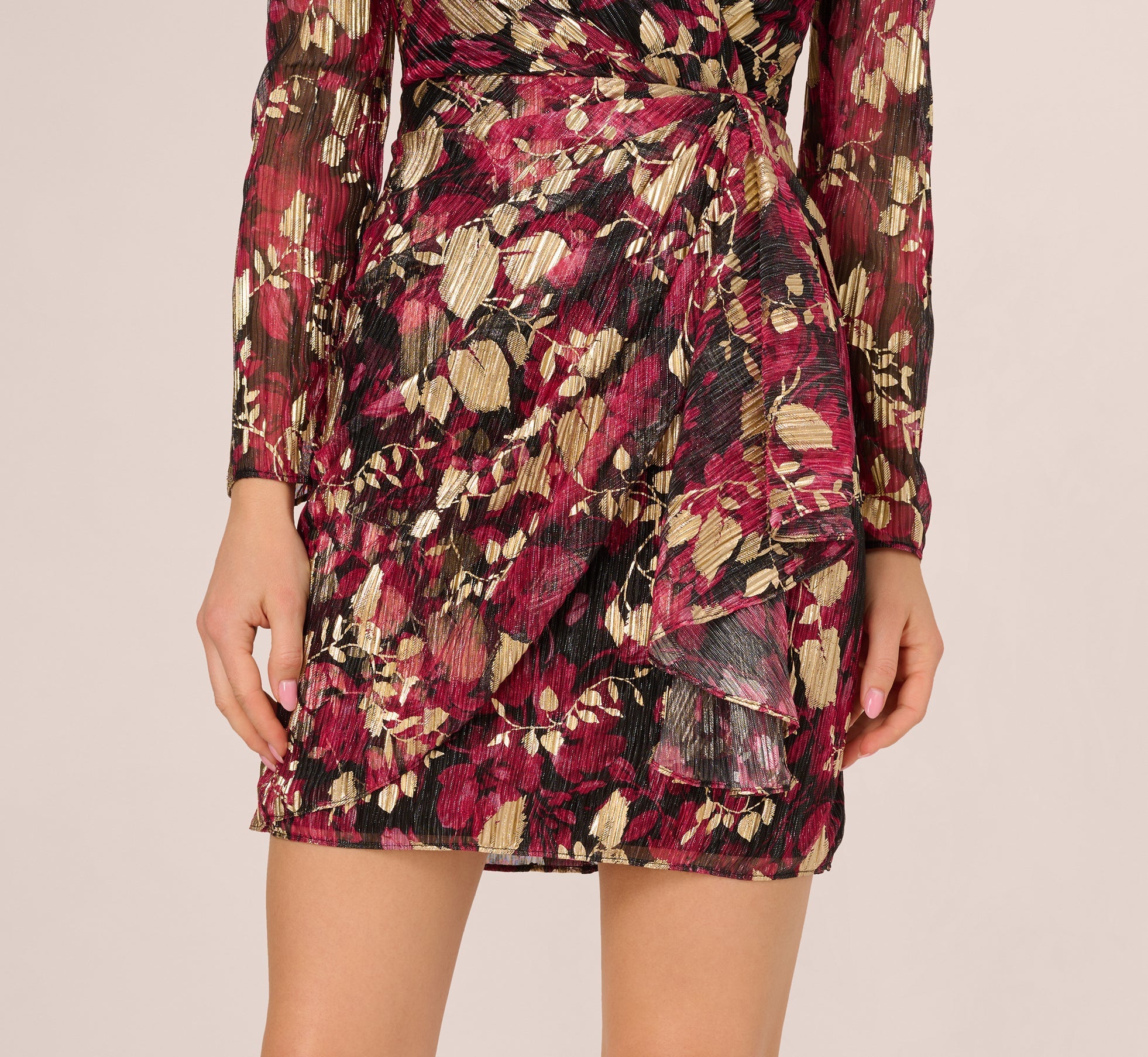Crinkle Foil Wrap Dress In Fuchsia Gold