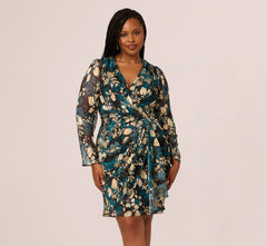 Plus Size Crinkle Foil Wrap Dress In Teal Sapphire Gold