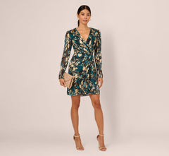Crinkle Foil Wrap Dress In Teal Sapphire Gold