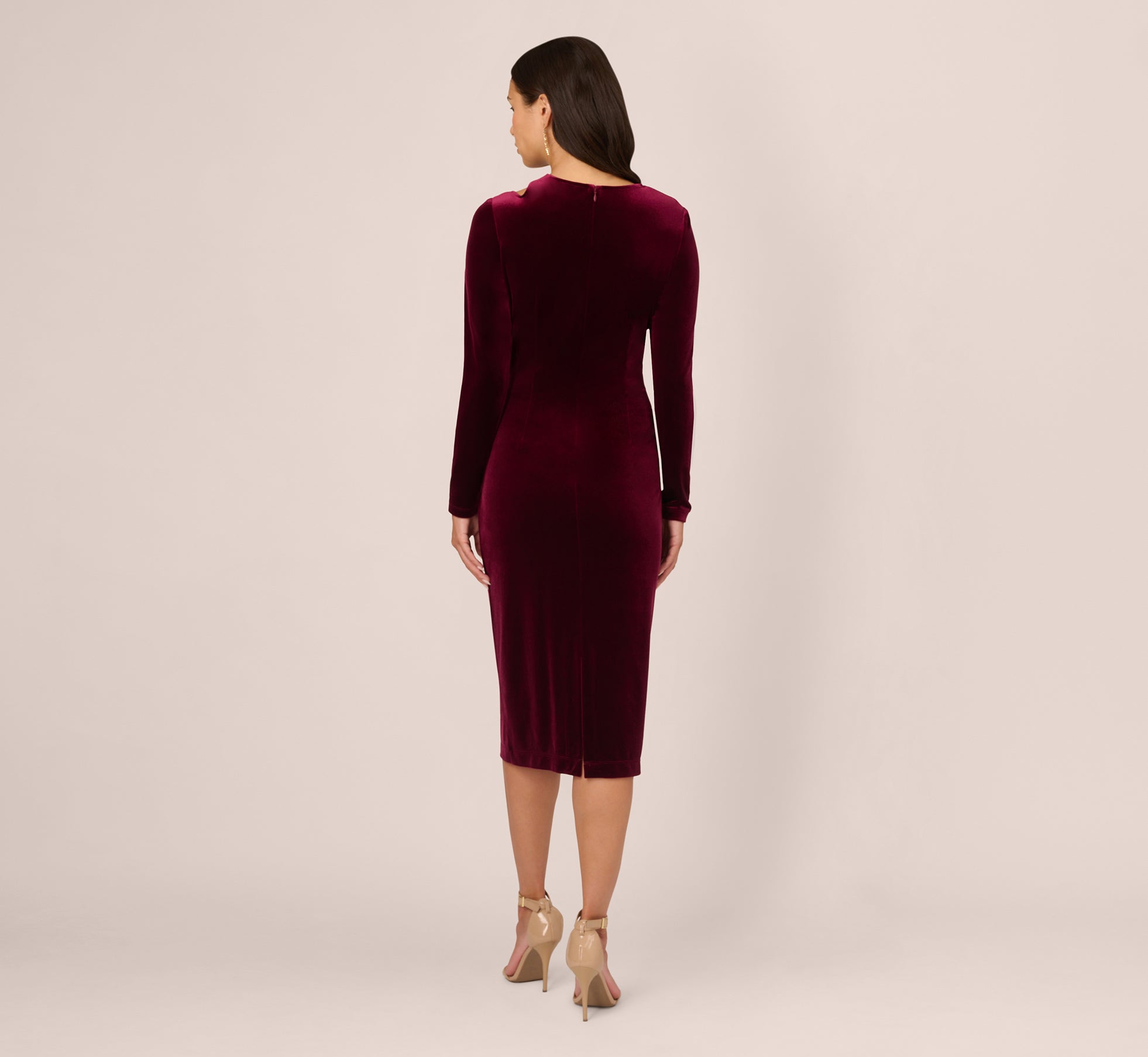 Long Sleeve Velvet Dress With Asymmetric Cutout Neckline In Burgundy