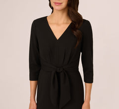 Three Quarter Sleeve Pleated Midi Dress With Tie Waist In Black