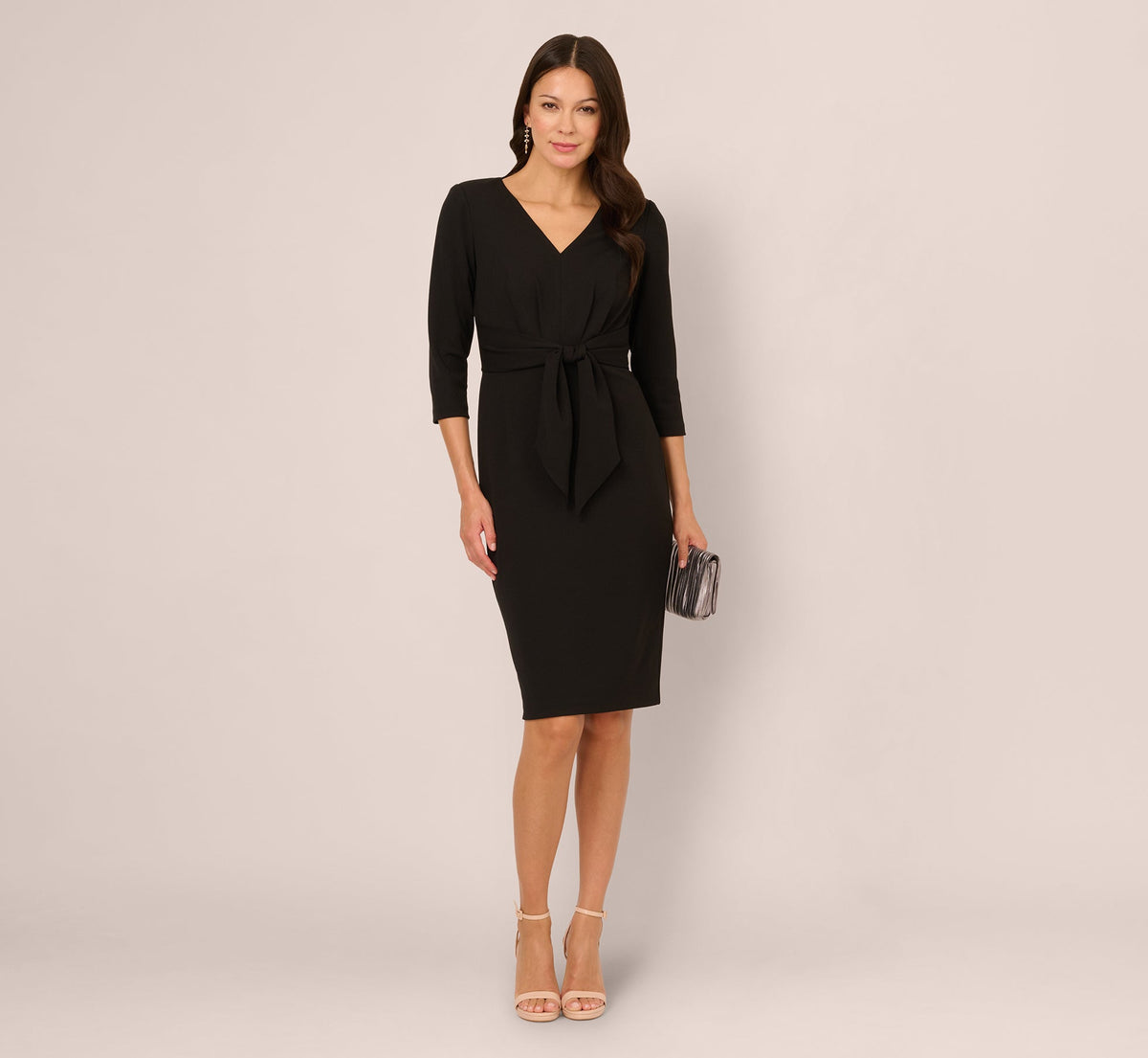 Three Quarter Sleeve Pleated Midi Dress With Tie Waist In Black