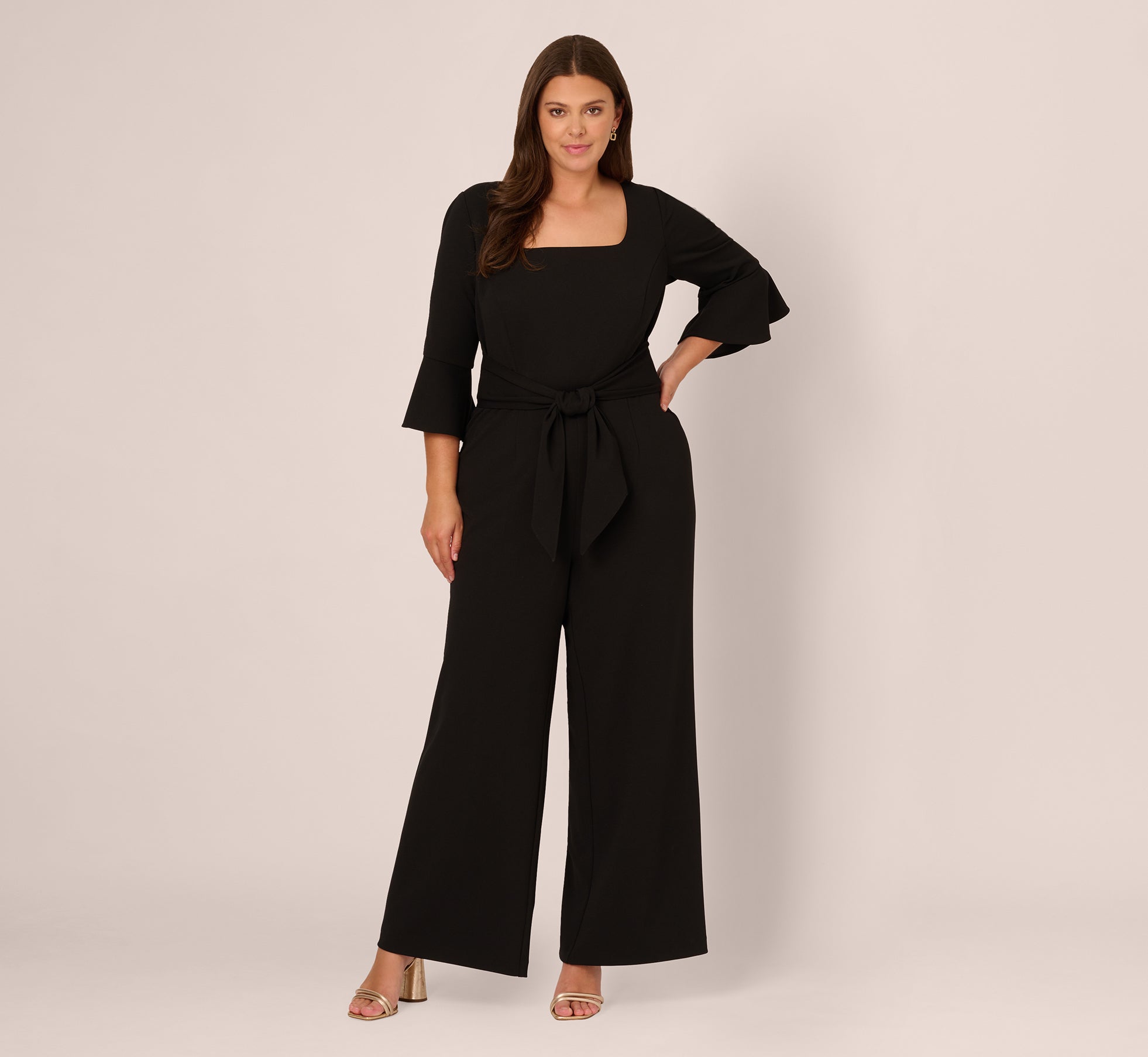 Plus Size Knit Crepe Wide Leg Jumpsuit With Bell Sleeves In Black
